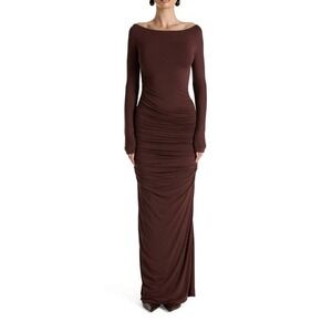 NWT Naked Wardrobe Maxi Dress  Brown‎ S Off the Shoulder Body Con Sheer Sleeves